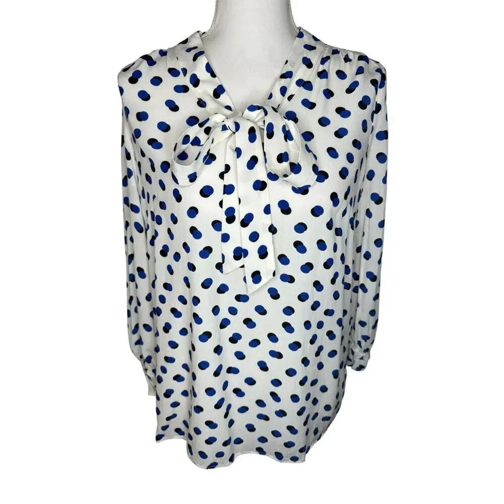 Talbots Women’s Medium White Silky Tie Neck Shifting Dots Top